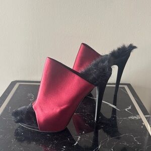 Celine Red Satin mules with Black Fur 39